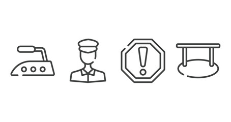 signals outline icons set. thin line icons sheet included iron high temperature, policeman figure, caution, hanging vector.