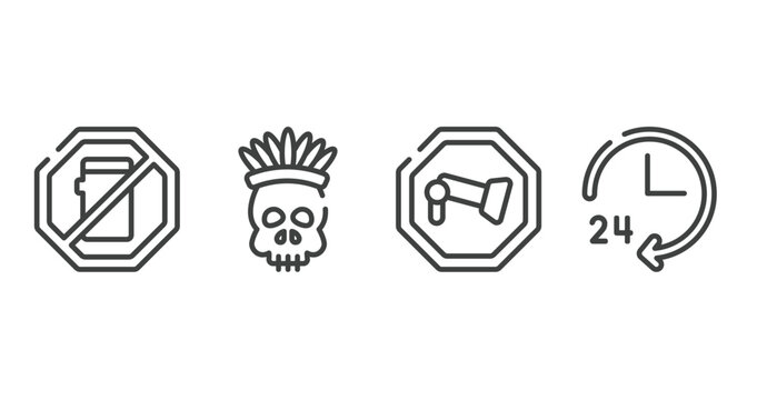 hotel signals outline icons set. thin line icons sheet included no mobile phone, native american skull, camera, 24 hours service vector.