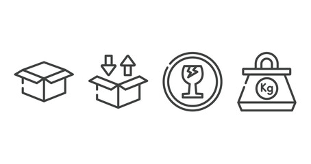 logistics outline icons set. thin line icons sheet included package delivery, delivery packaging box, fragile, kilogram vector.