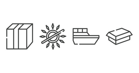 boxes outline icons set. thin line icons sheet included closed cardboard box with packing tape, no sunlight, sea ship, cardboard box without a lid vector.