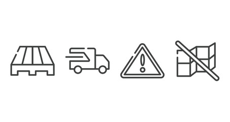 shipping and handly outline icons set. thin line icons sheet included pallets, fast transport, danger, do not stack vector.