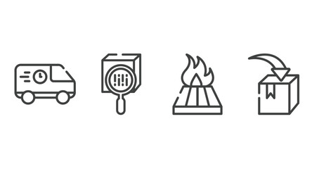 shipping and handly outline icons set. thin line icons sheet included food logistics, scan package, heat treated wood, put in box vector.