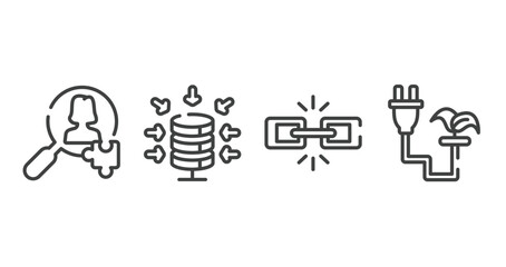 general outline icons set. thin line icons sheet included hr solutions, data aggregation, chain, biomass energy vector.