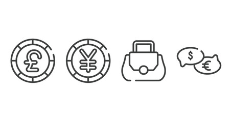 business and finance outline icons set. thin line icons sheet included round pound button, yen big coin, women bag, talking about money vector.