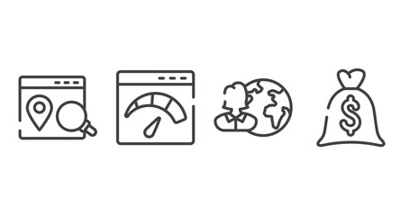 business and finance outline icons set. thin line icons sheet included place optimizer, velocity test, user, big dollar bag vector.