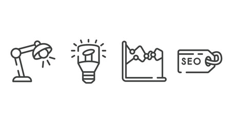 marketing and seo outline icons set. thin line icons sheet included study light, light modern lamp tool, dual chart, seo tags vector.