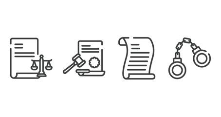 law and justice outline icons set. thin line icons sheet included corporative law, law paper, scroll with criminal vector.