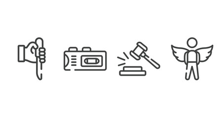 law and justice outline icons set. thin line icons sheet included murder, recorder, case closed, innocent vector.