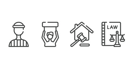 law and justice outline icons set. thin line icons sheet included prisioner, civil rights, property and finance, labour and social law vector.