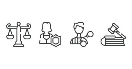 law and justice outline icons set. thin line icons sheet included adminstrative law, custody, criminal, employment law vector.