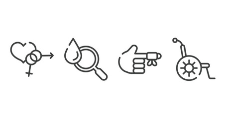 in the hospital outline icons set. thin line icons sheet included united heterosexual, blood analysis, hurted finger with bandage, wheelchair vector.
