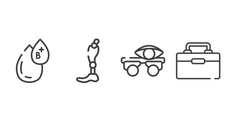 medical instruments outline icons set. thin line icons sheet included type b, prothesis, optometrist, organ container vector.