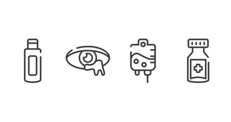 medical outline icons set. thin line icons sheet included body oil, infection, iv, medicine jar vector.