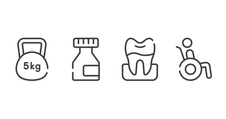 health outline icons set. thin line icons sheet included weights, medicine flask, premolar, wheelchair accesibility vector.