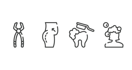 hygiene routine outline icons set. thin line icons sheet included tooth pliers, butt, brushing teeth, hair wash vector.