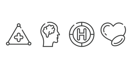Fototapeta premium health outline icons set. thin line icons sheet included warning triangular, brain inside human head, heliport, medicine for heart vector.