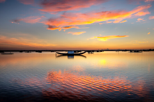 Dawn on Quang Loi lagoon in Tam Giang lagoon, Hue City, Vietnam.
