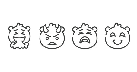 emoji outline icons set. thin line icons sheet included vomit emoji, angry with horns emoji, tired blushing vector.
