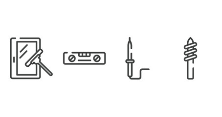 construction line craft outline icons set. thin line icons sheet included window cleaner, balance ruler, solder, drill tip vector.