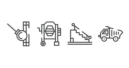 hand drawn construction outline icons set. thin line icons sheet included demolishing ball, concrete mixer tool, stairs with handle, construction materials transport vector.