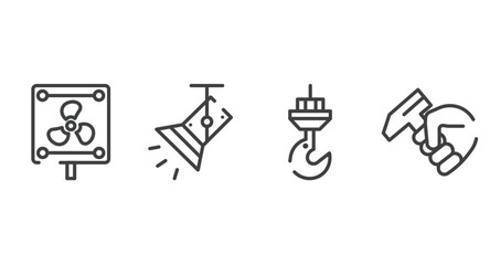 hand drawn construction outline icons set. thin line icons sheet included vent, light spot, constructions, hammer in hand vector.