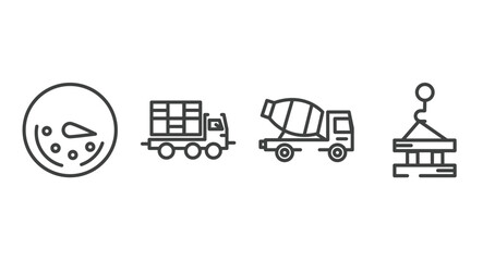 constructicons outline icons set. thin line icons sheet included circular speedometer, truck with load, concrete truck, derrick with pallet vector.