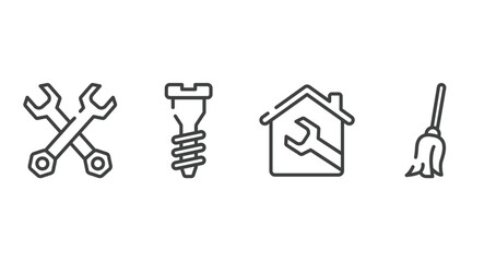 toolbox outline icons set. thin line icons sheet included double wrench, garage screw, house, cleaning mop vector.