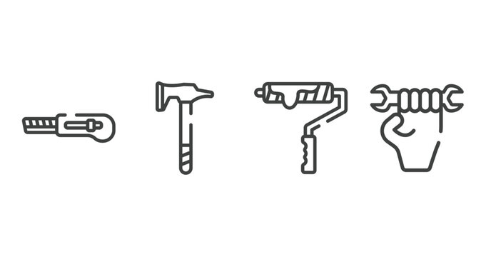 labor day elements outline icons set. thin line icons sheet included null, battle axe, brush for painting, labor day vector.