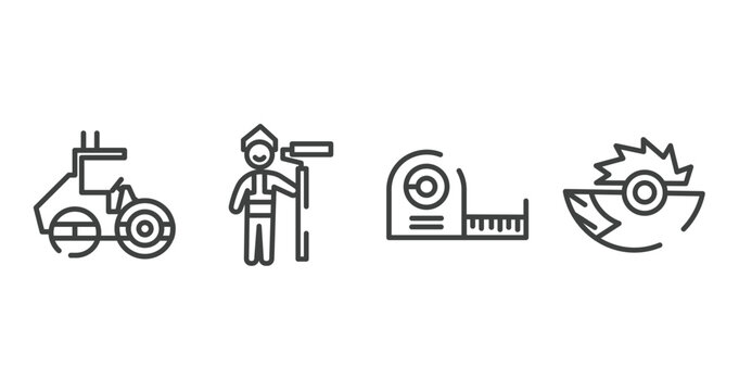 work tools outline icons set. thin line icons sheet included roller hine of construction, man painting, measuring tape, saw half cogwheel vector.