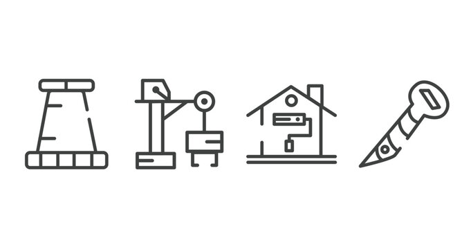 hand drawn construction outline icons set. thin line icons sheet included road stopper, big derrick with boxes, painting home, screw hand drawn tool vector.