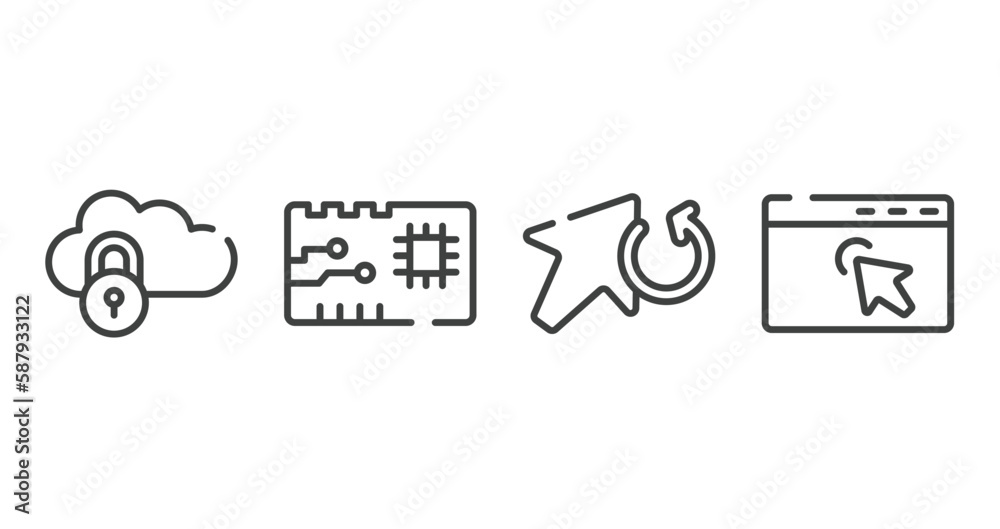 Poster computer and media outline icons set. thin line icons sheet included password of internet, printed c