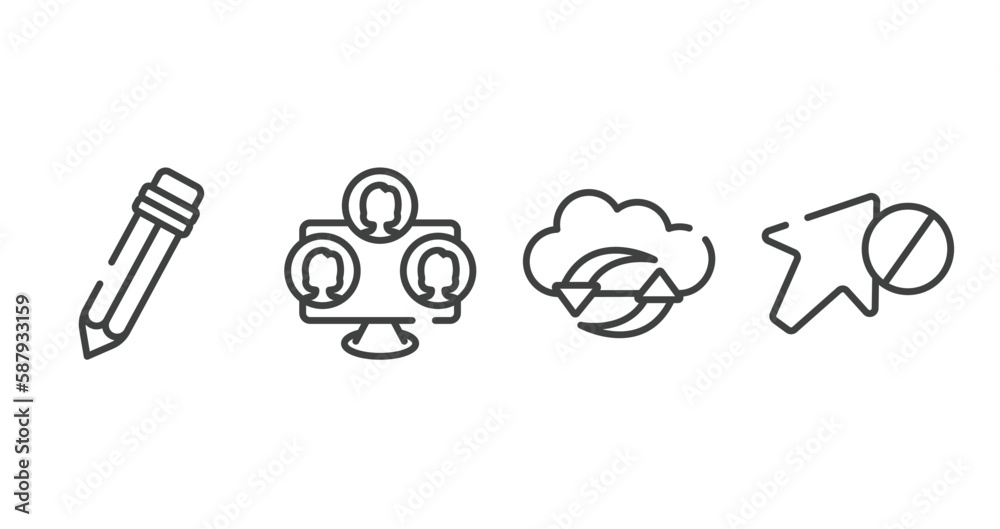 Poster cursors and pointers outline icons set. thin line icons sheet included pencil cursor, three users, c