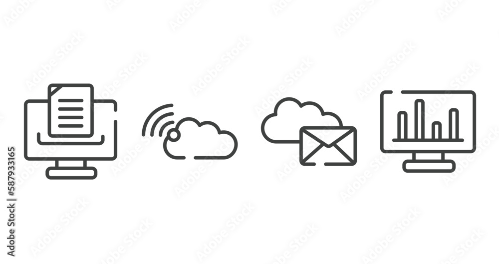 Poster computer and media outline icons set. thin line icons sheet included document with lines, connected 