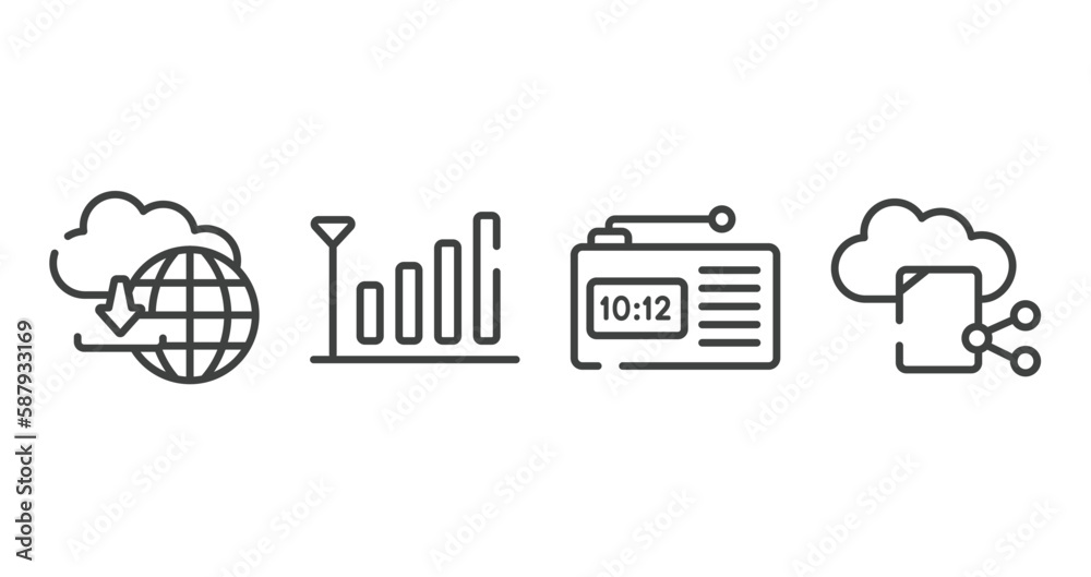 Poster cloud computing outline icons set. thin line icons sheet included cloud upload, coverage level, radi
