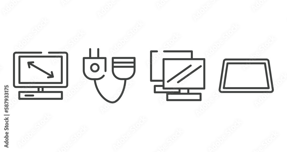Poster modern screen outline icons set. thin line icons sheet included all screens sizes, plug connector, n