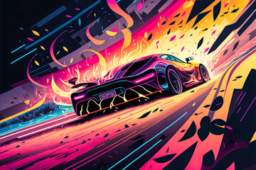 Vibrant illustration of electric car speeding down a track. Showing the performance and speed of electric vehicles with a dynamic style and bold colors. Generative AI