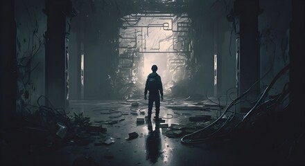 A man walking through a dark, waterlogged path in an abandoned building, digital art style, illustration painting, Generative AI