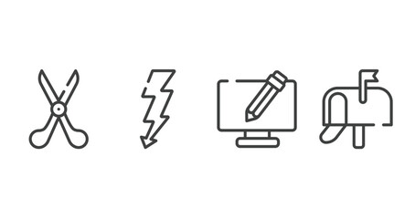 computer and media outline icons set. thin line icons sheet included scissors tool, lightning electric energy, screen with pencil, vector.