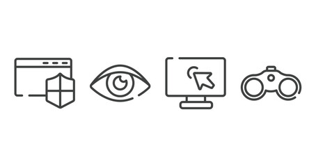 cursors and pointers outline icons set. thin line icons sheet included window with security badge, eye close up, computer screen with arrow, binoculars tool vector.