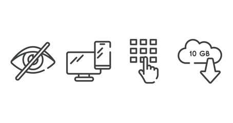 cursors and pointers outline icons set. thin line icons sheet included visibility off, pc smartphone, entering password, null vector.