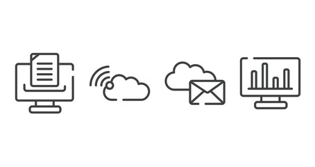 computer and media outline icons set. thin line icons sheet included document with lines, connected clouds by internet, internet mail, laptop with statistical chart vector.