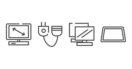 modern screen outline icons set. thin line icons sheet included all screens sizes, plug connector, notebook double tool image, null vector.