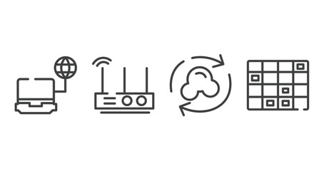 computer and media outline icons set. thin line icons sheet included computer connected to internet, wireless lan router device, synchronize with internet, spreadsheet cell row vector.