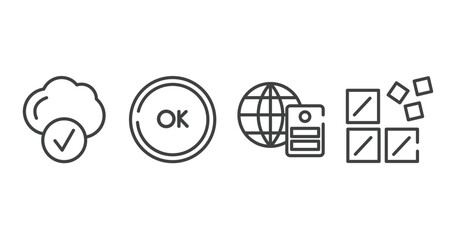 computer and media outline icons set. thin line icons sheet included connected clouds, ok button, server with the earth, registry vector.