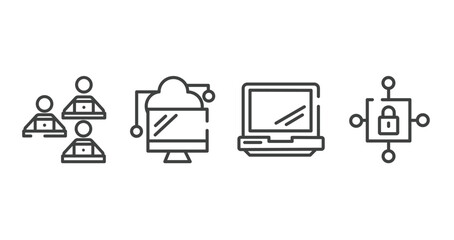 cloud computing outline icons set. thin line icons sheet included computer workers team, data transference by internet, laptop opened tool, locked internet security padlock vector.