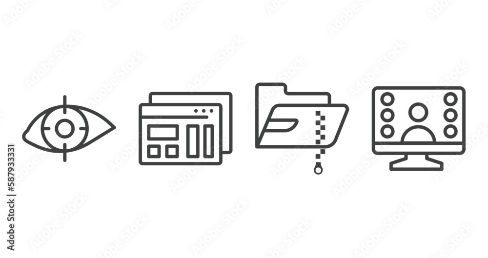 Poster computer functions outline icons set. thin line icons sheet included retinal scan, mockup de, compre
