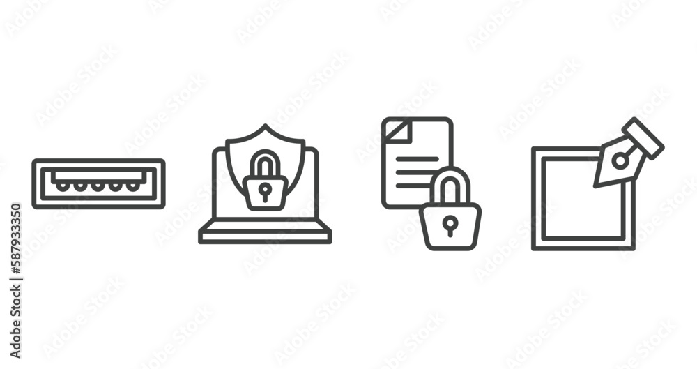 Poster web development outline icons set. thin line icons sheet included usb port, internet security, encry