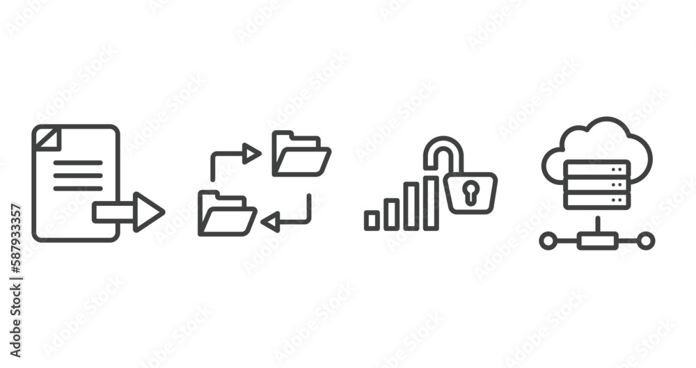Poster network and database outline icons set. thin line icons sheet included export file, data synchroniza