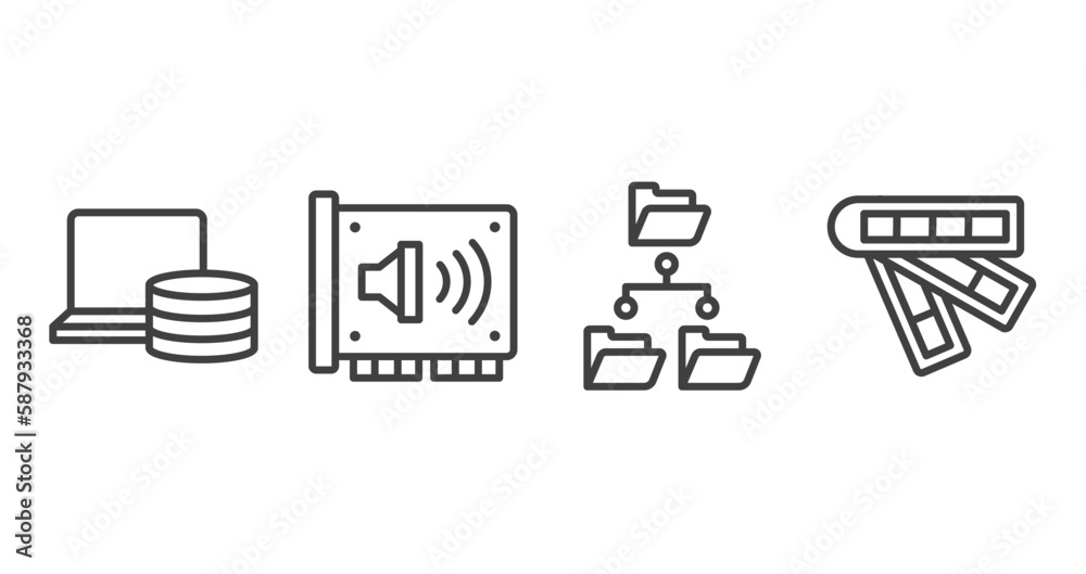 Poster web development outline icons set. thin line icons sheet included computer storage, sound card, file