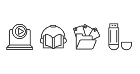 technology outline icons set. thin line icons sheet included multimedia player, audiobook, unstructured data, usb flash drive vector.